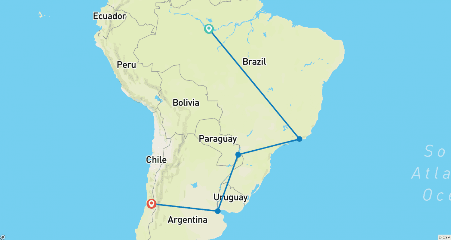 Mapa do percurso de Escapada pela América do Sul com Amazônia e Santiago