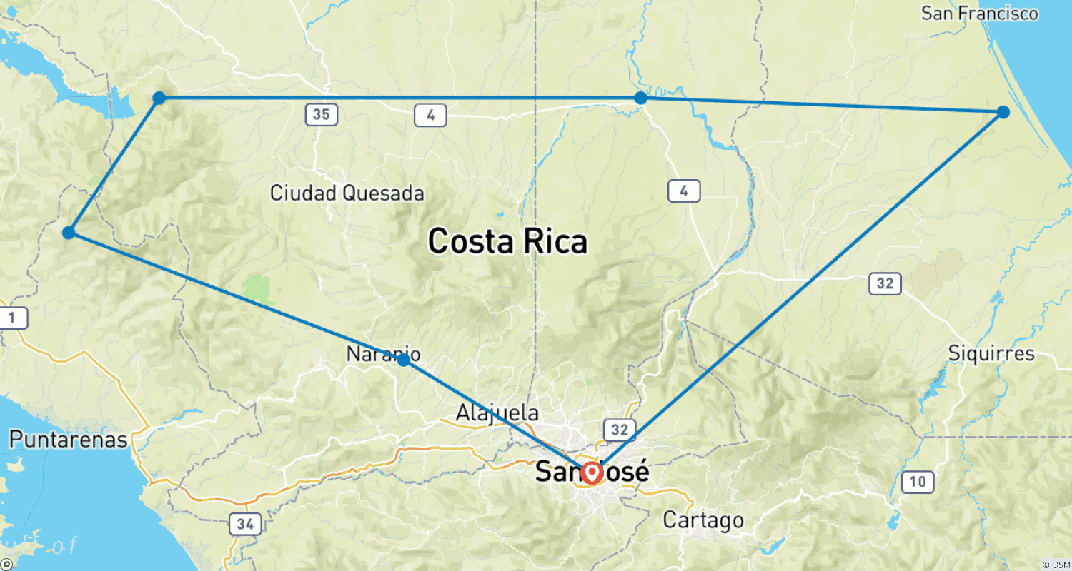 Mapa do percurso de Maravilhas Naturais da Costa Rica