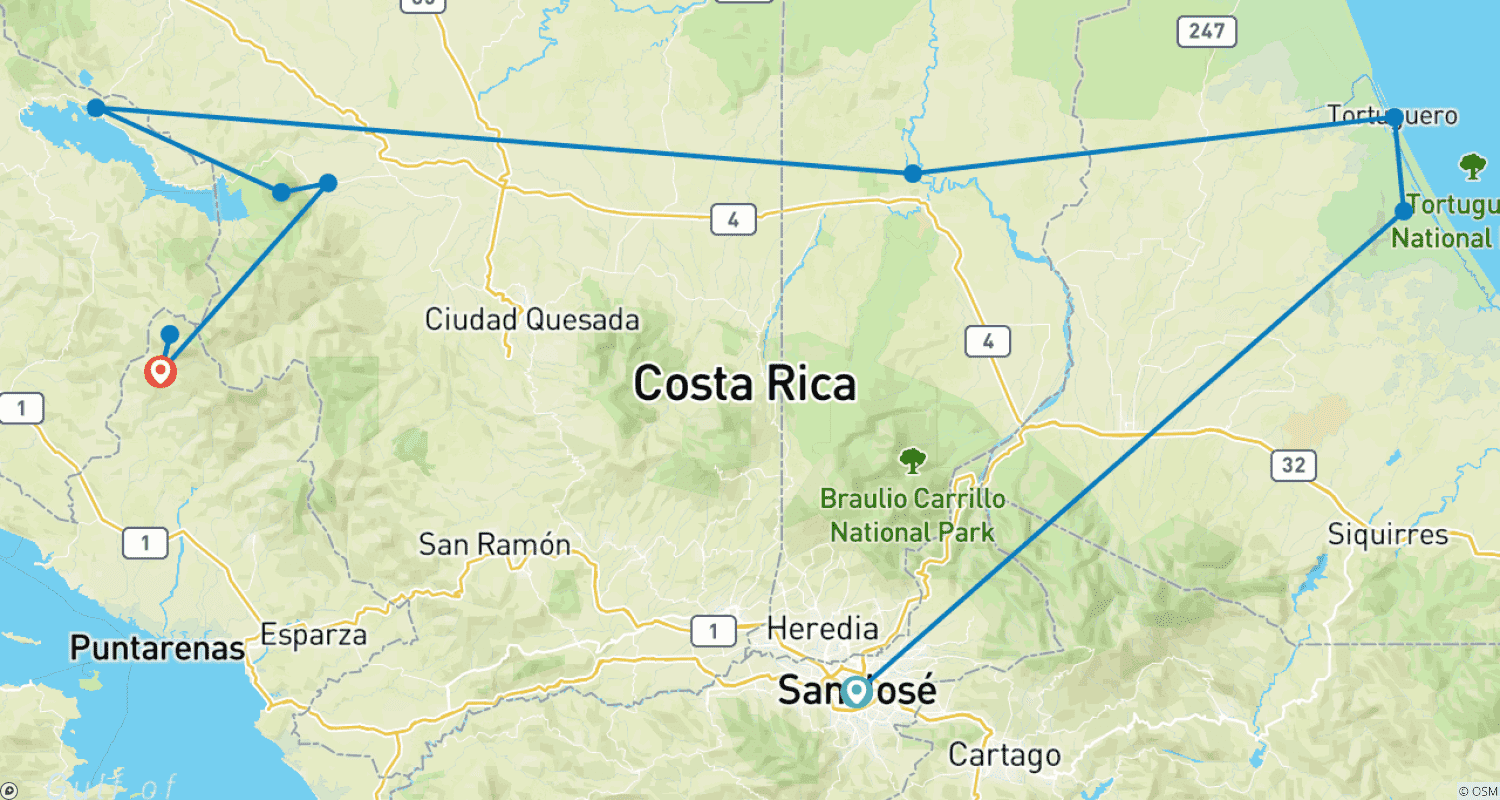 Mapa do percurso de Maravilhas Naturais da Costa Rica com Guanacaste