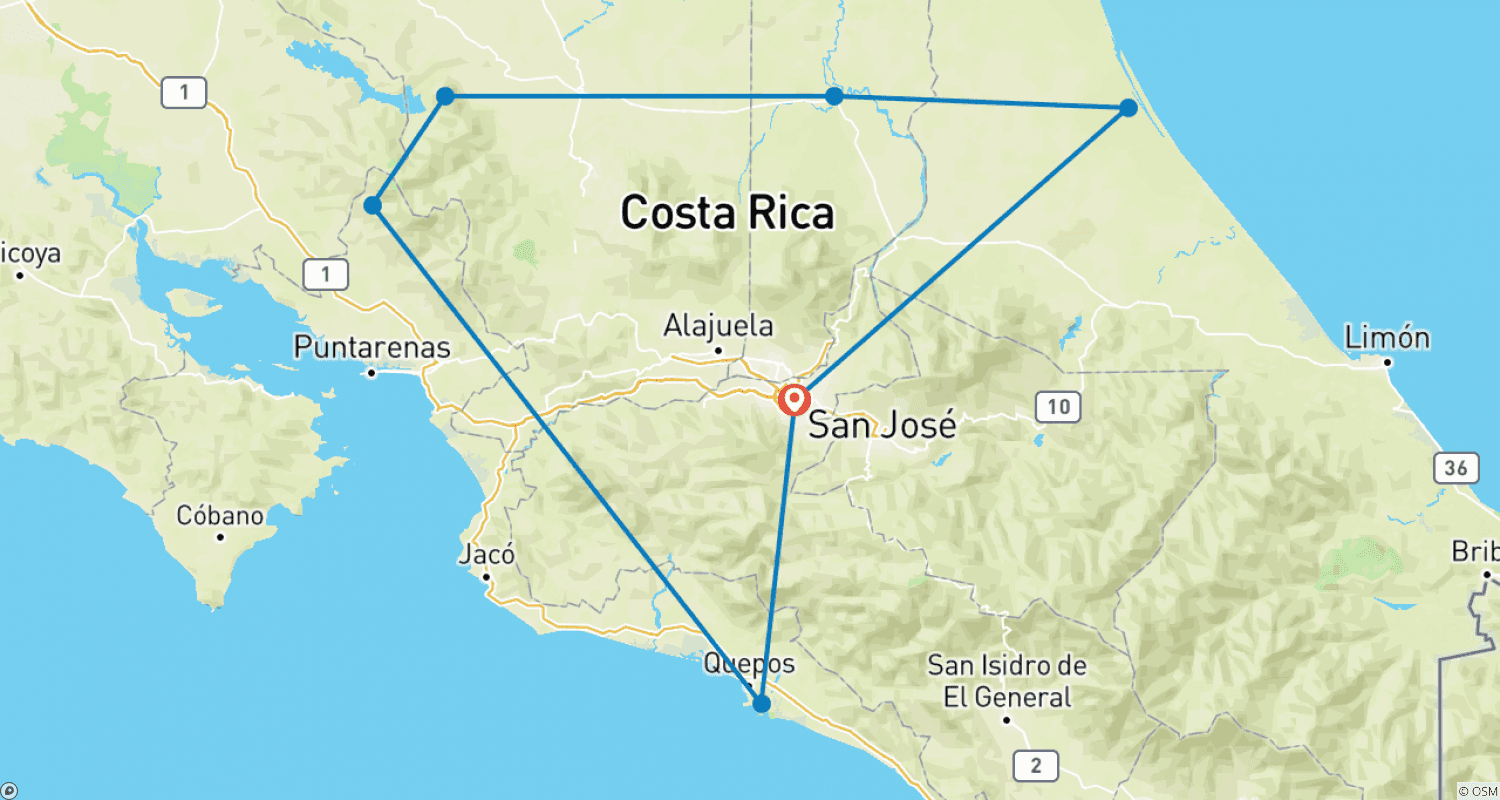 Mapa do percurso de Maravilhas Naturais da Costa Rica com Manuel Antonio