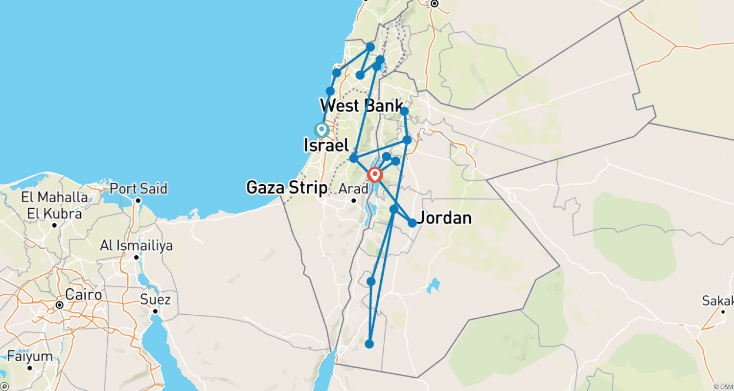 Mapa do percurso de Israel e Maravilhas da Jordânia
