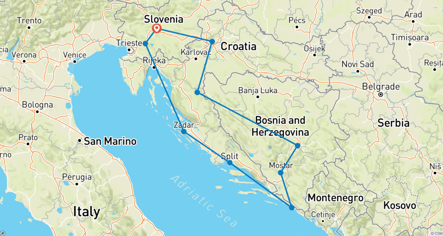 Mapa do percurso de Eslovênia e Croácia Deslumbrantes