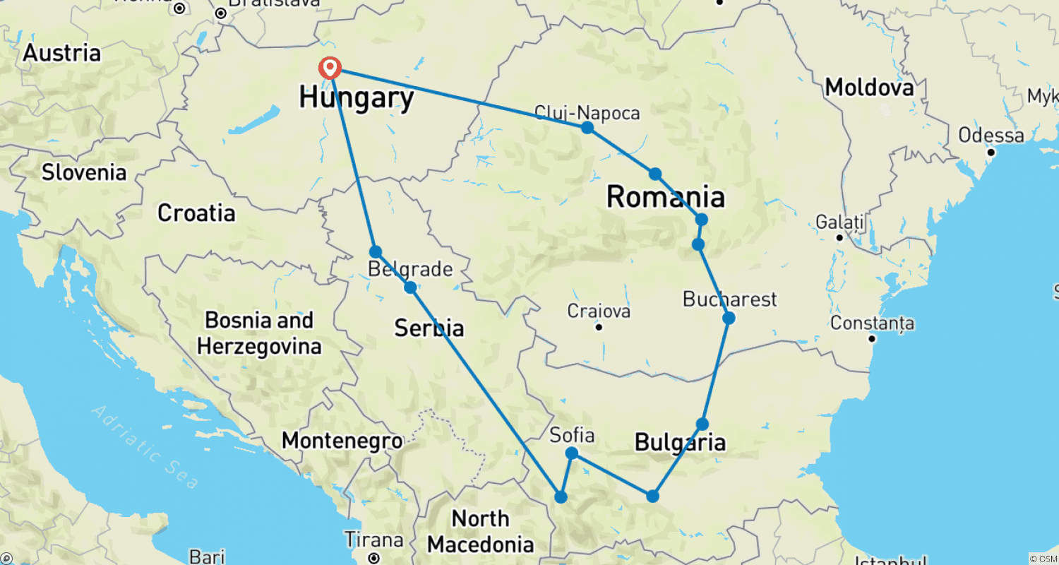 Mapa do percurso de Tesouros dos Balcãs e Transilvânia