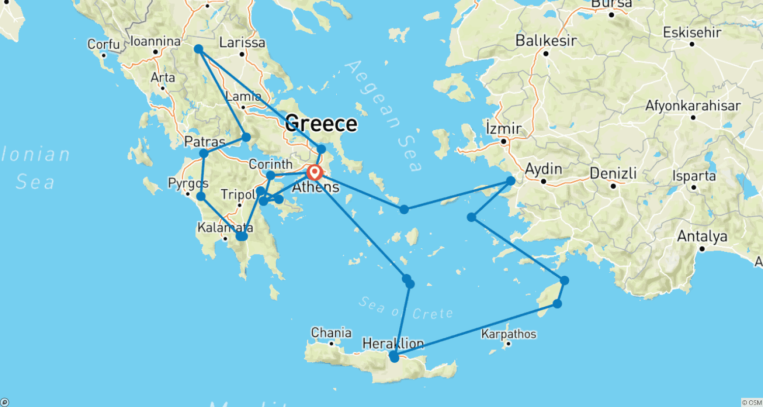 ギリシャとエーゲ海諸島クルーズのルートマップ