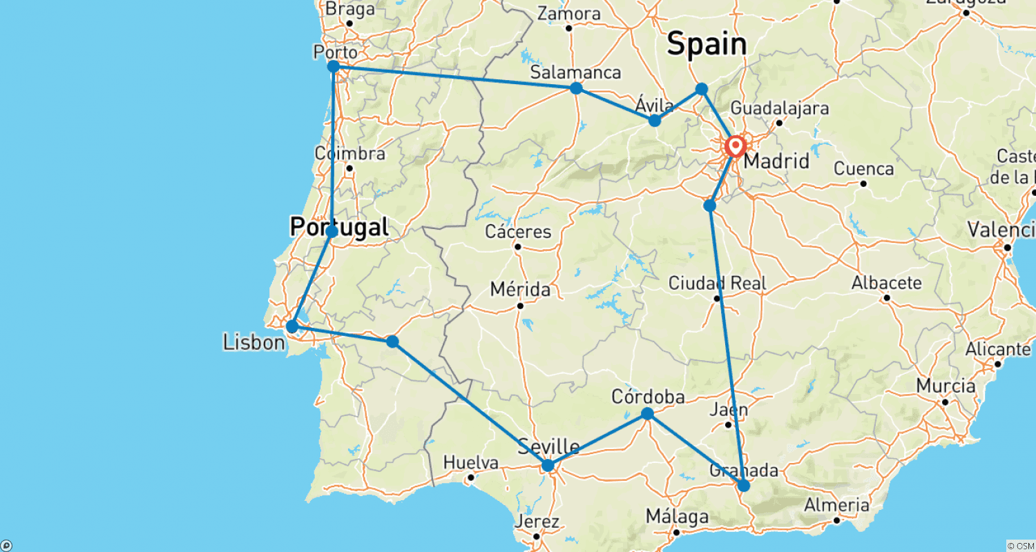 スペインとポルトガルの最高を巡る旅のルートマップ