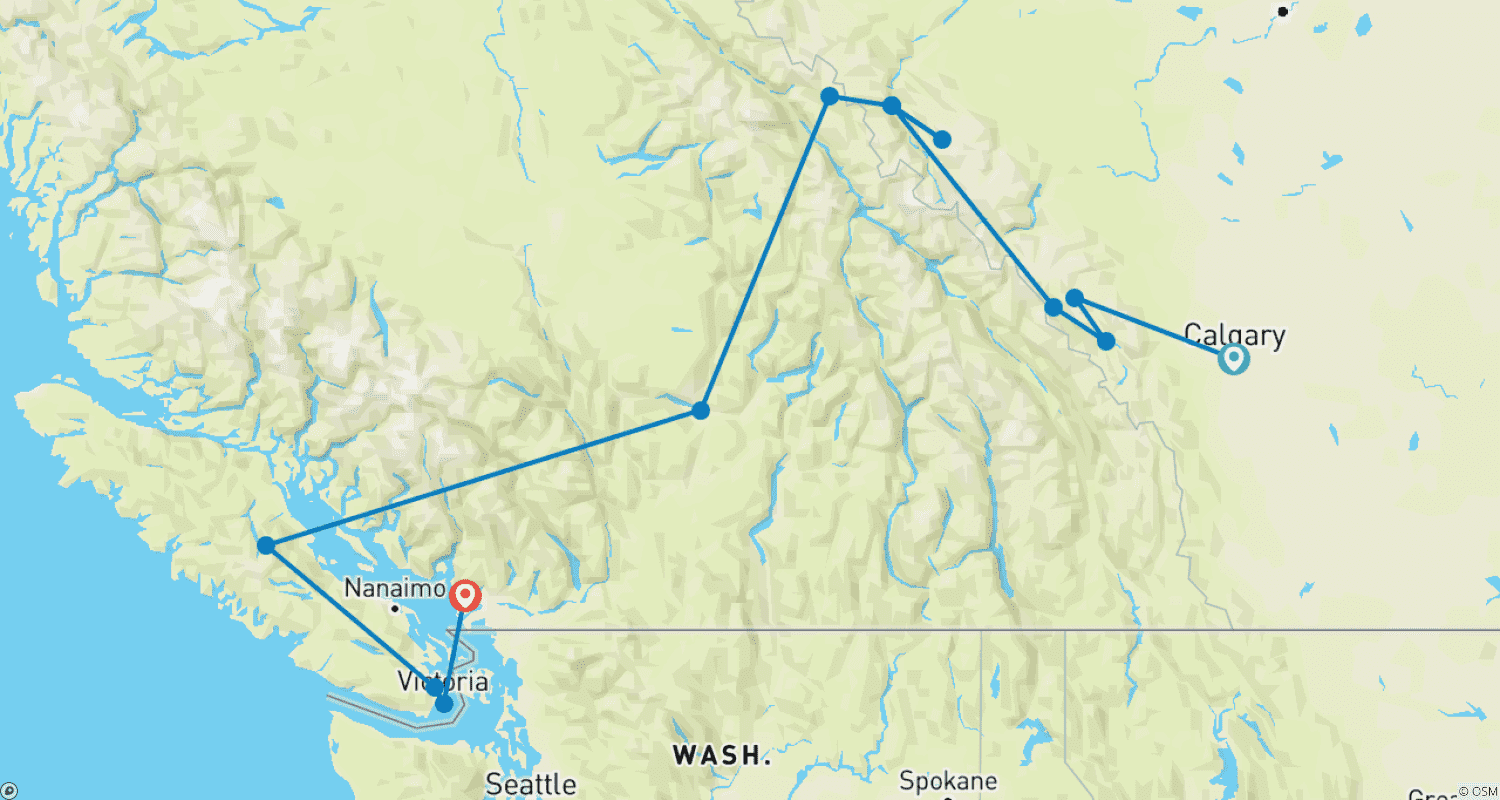 Mapa do percurso de Coração das Montanhas Rochosas Canadenses com o Calgary Stampede