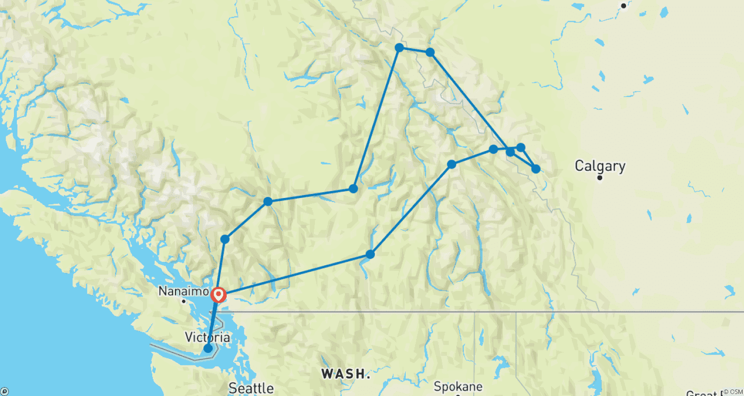 Mapa do percurso de As Montanhas Rochosas Canadenses
