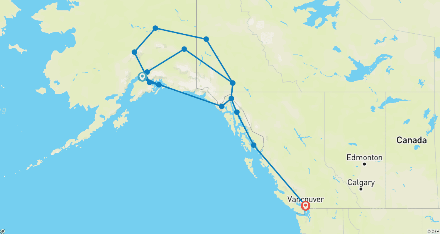 Mapa do percurso de Alasca e Yukon com Cruzeiro no Alasca