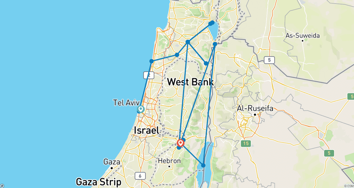 Mapa do percurso de Descoberta da Terra Santa - Viagem de Fé - Roteiro Católico