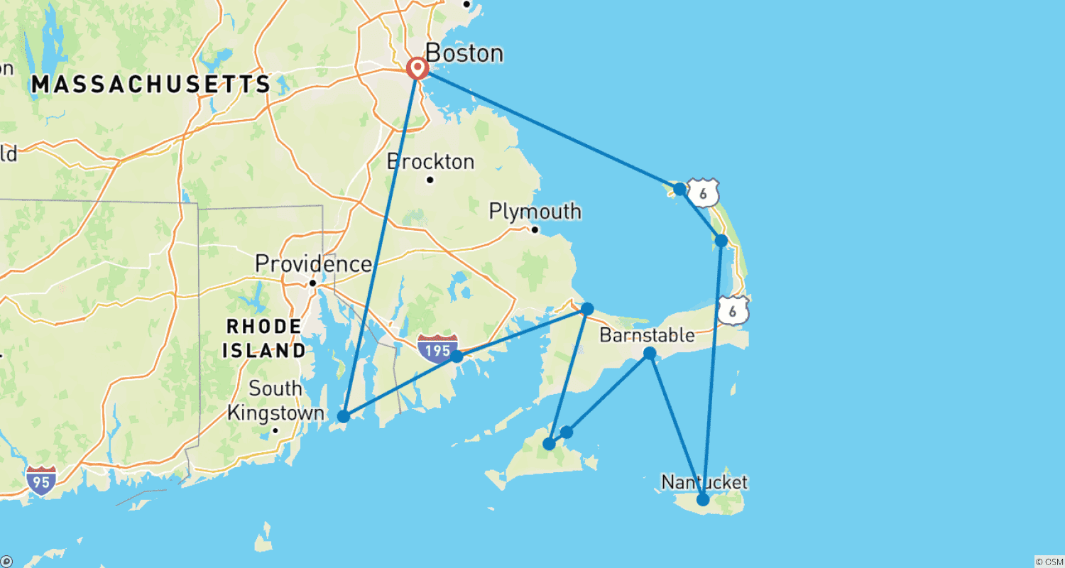 Mapa trasy: Boston, Cape Cod i Wyspy (8 destynacji)