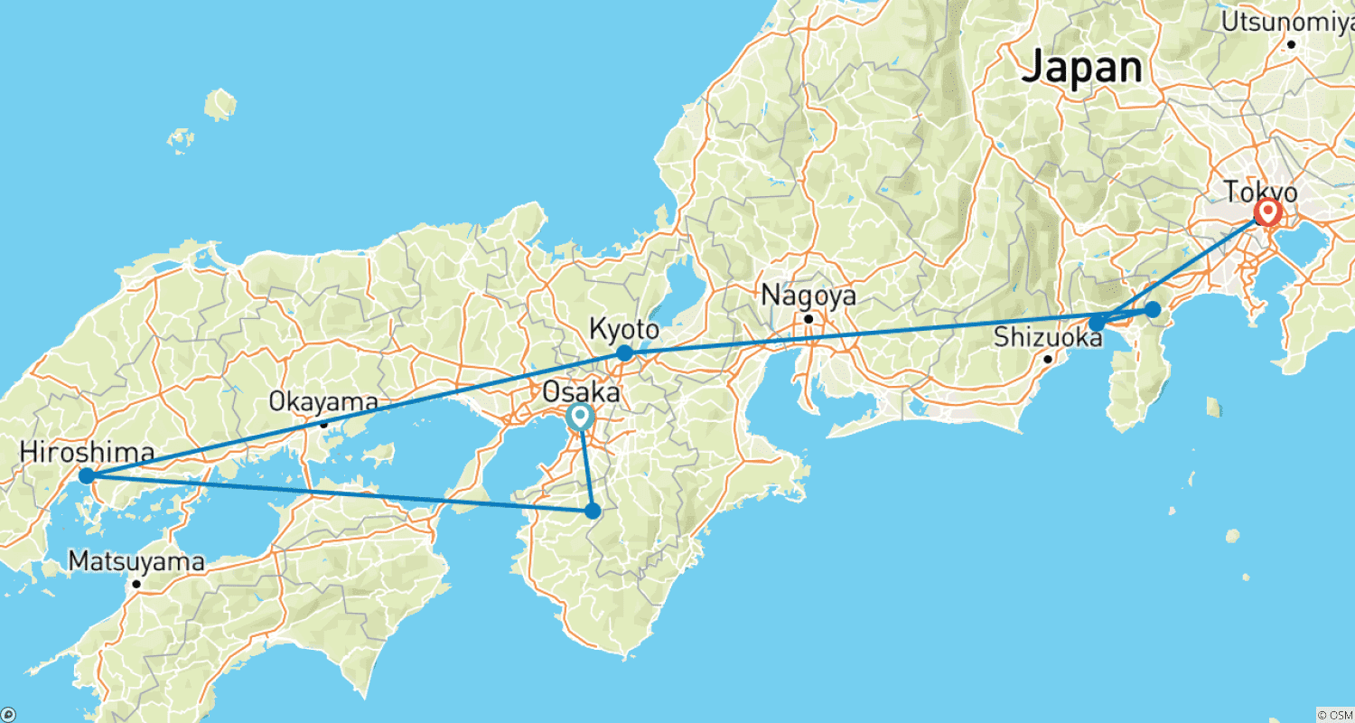 Mapa do percurso de Japan Express – De Osaka a Tóquio