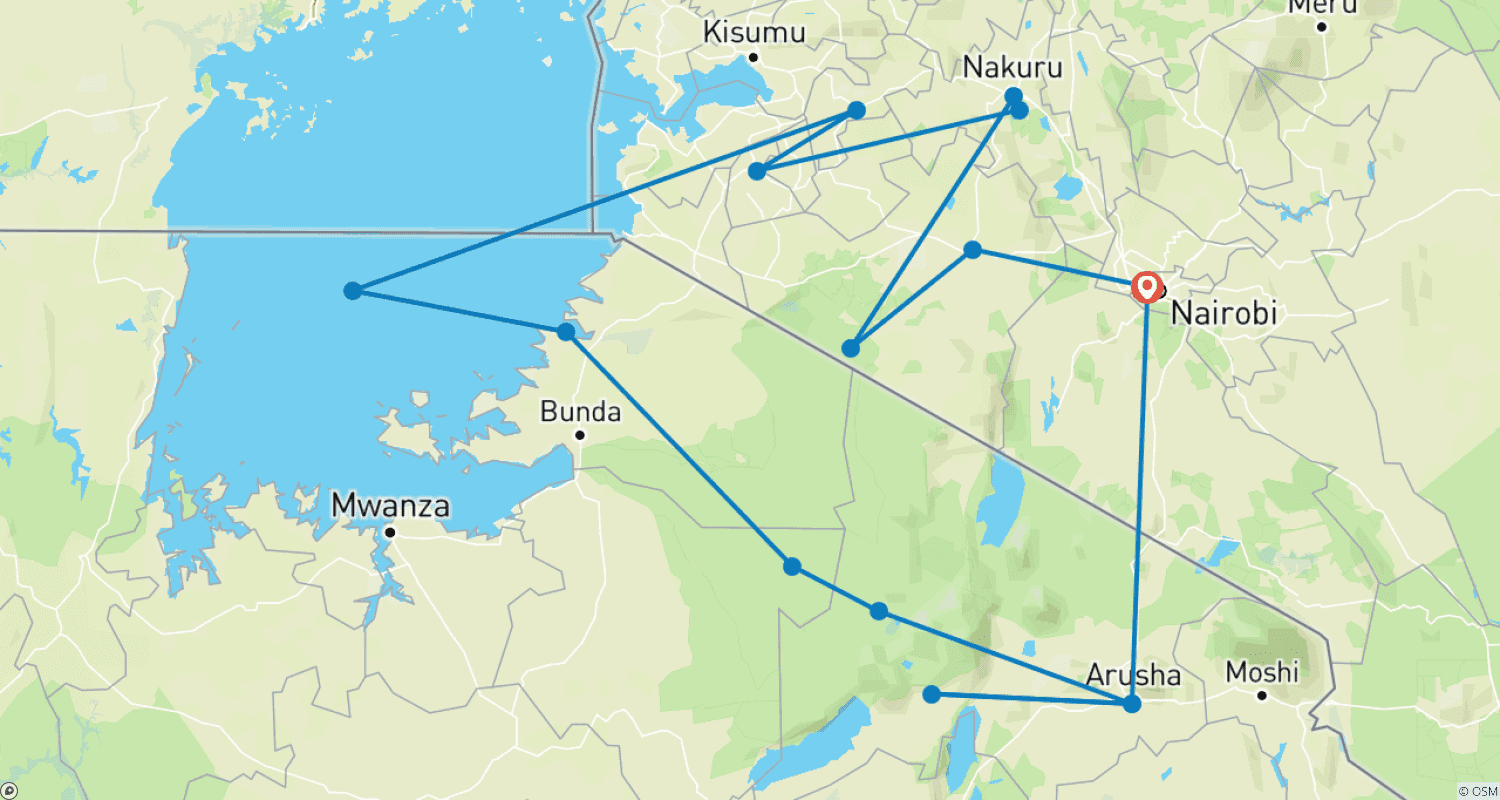Mapa do percurso de Nairobi a Nairobi: 11 Dias de Expedição Terrestre
