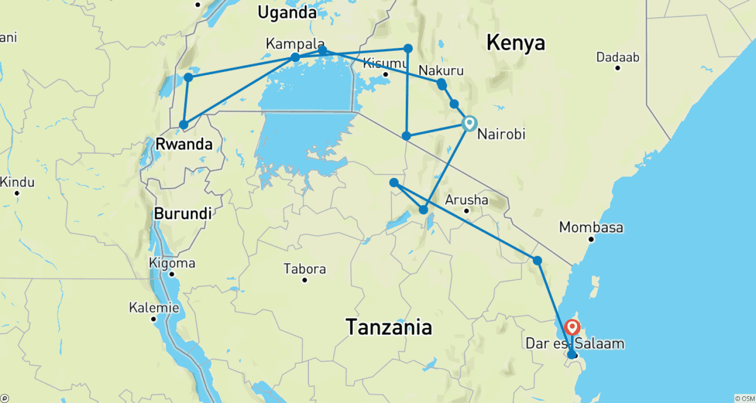 Mapa do percurso de Nairobi a Dar es Salaam: 25 Dias de Expedição Terrestre