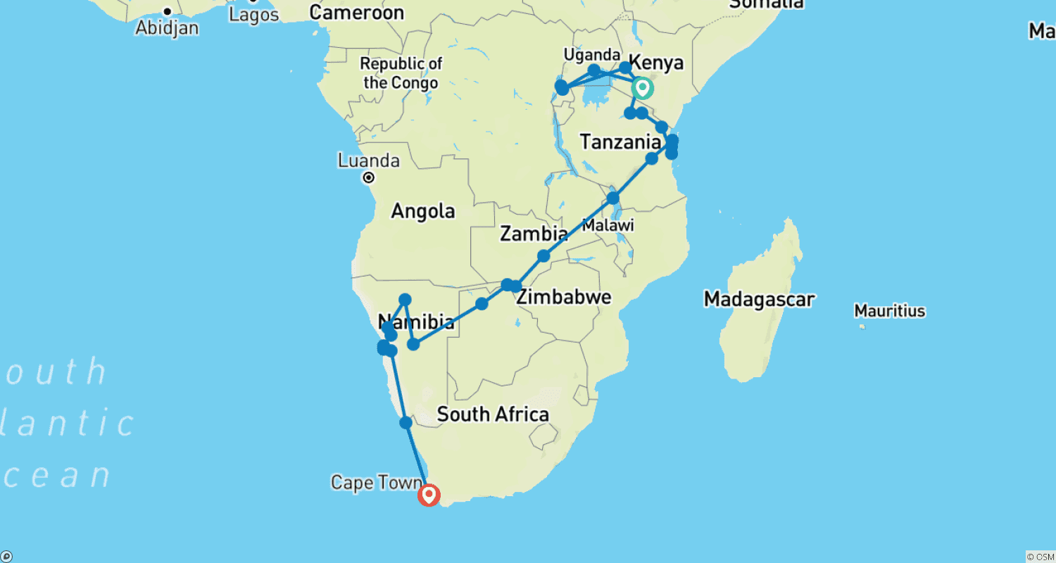 Mapa do percurso de Nairobi à Cidade do Cabo: 57 Dias de Expedição Terrestre
