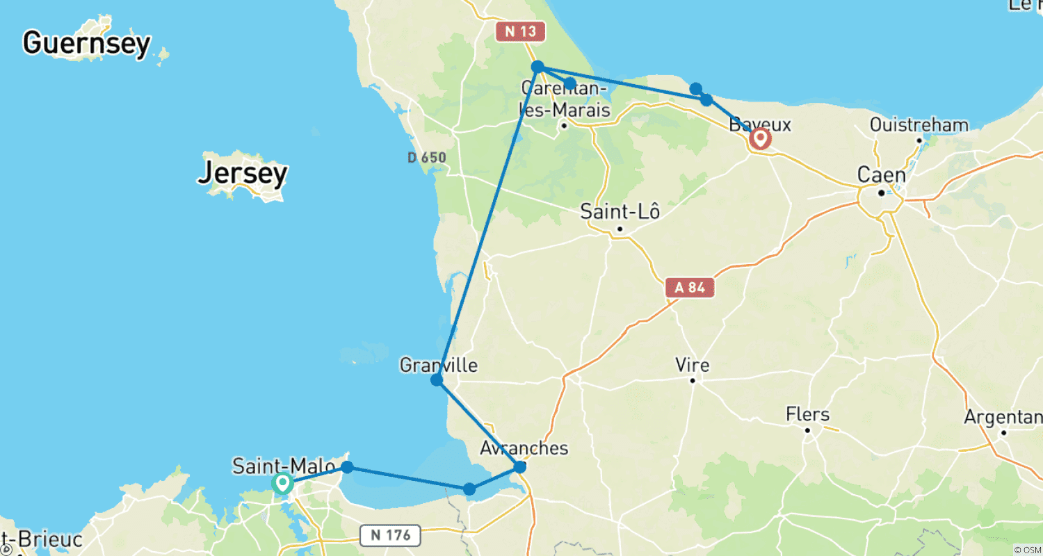 Mapa trasy: Z Bretanii do Normandii