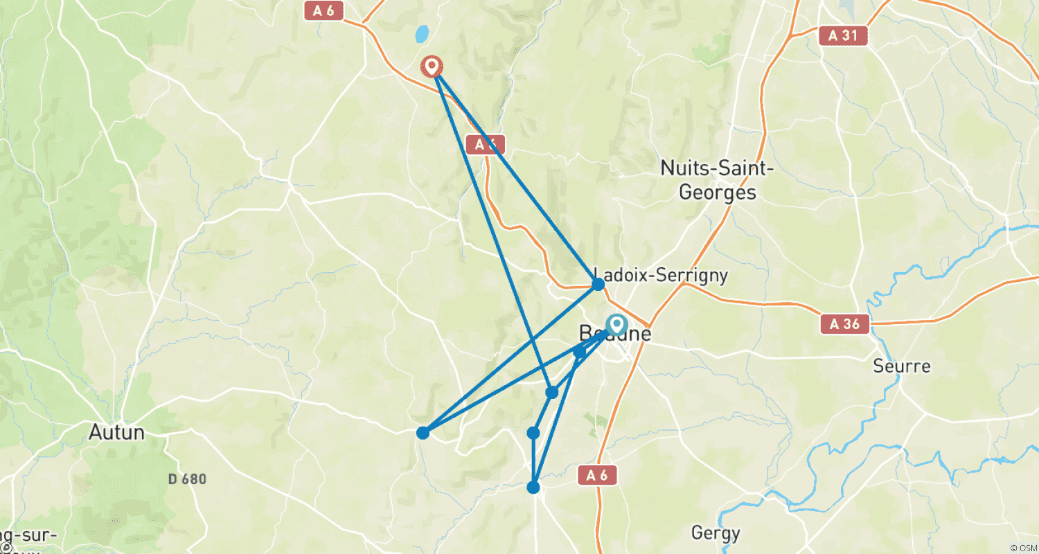 Mapa do percurso de Borgonha: Beaune e Além