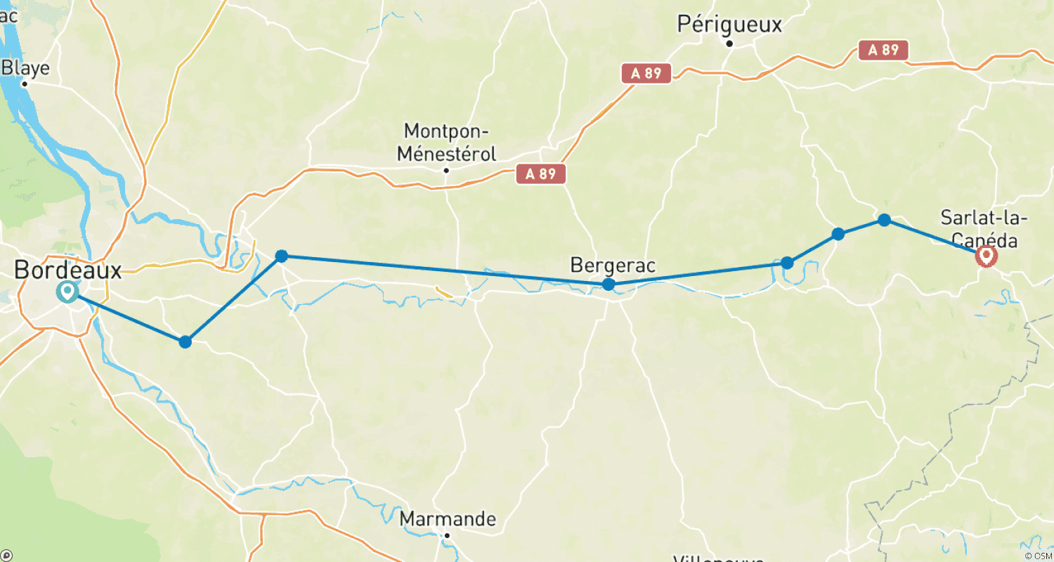 Mapa trasy: Bordeaux i Dordogne