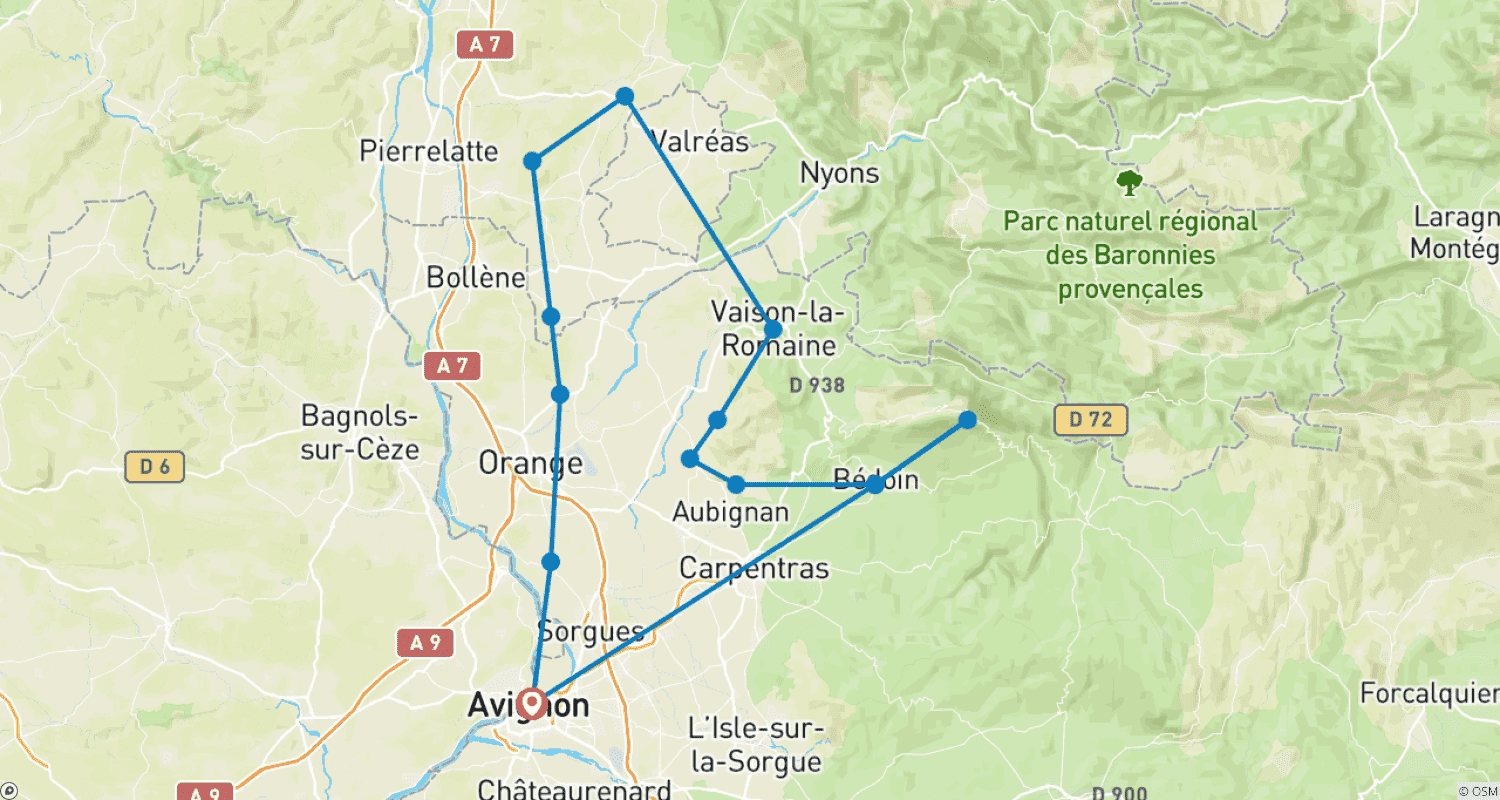 Mapa do percurso de Campos de Lavanda e Vinhedos da Provença