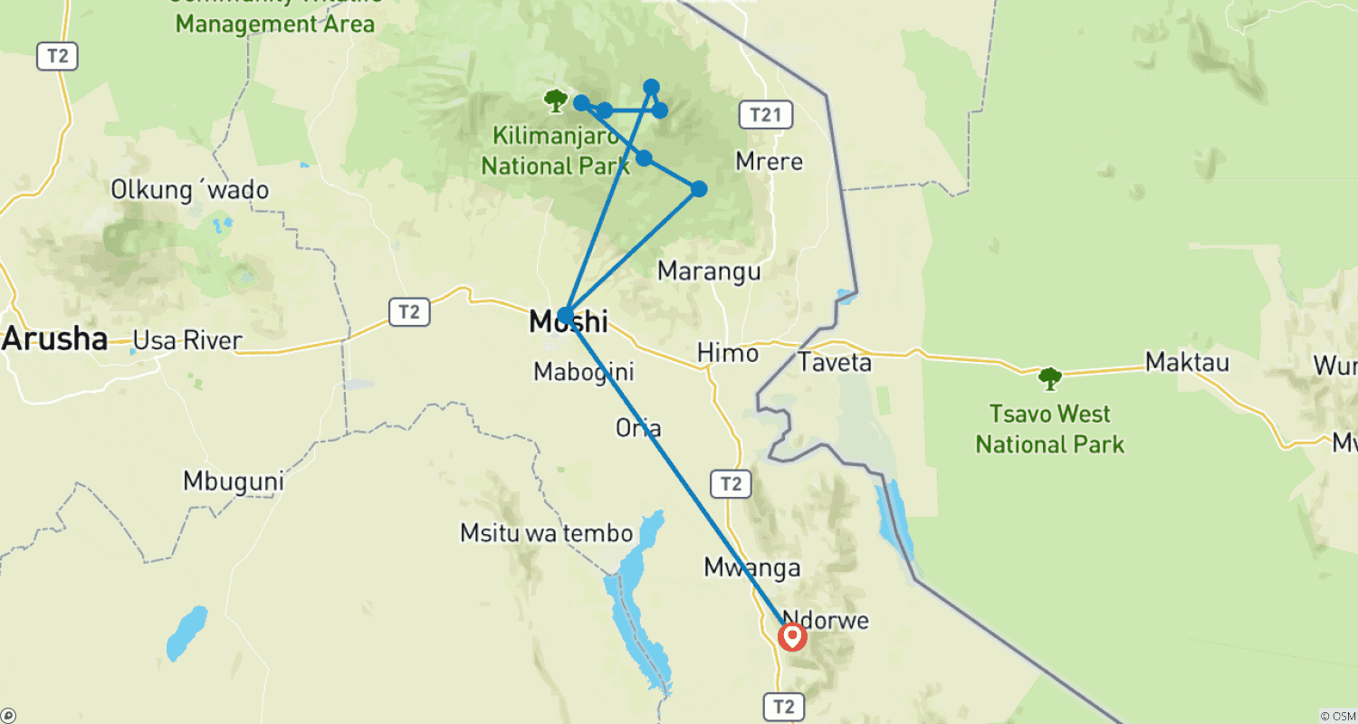 Mapa do percurso de Kilimanjaro Rota Rongai 7 Dias *