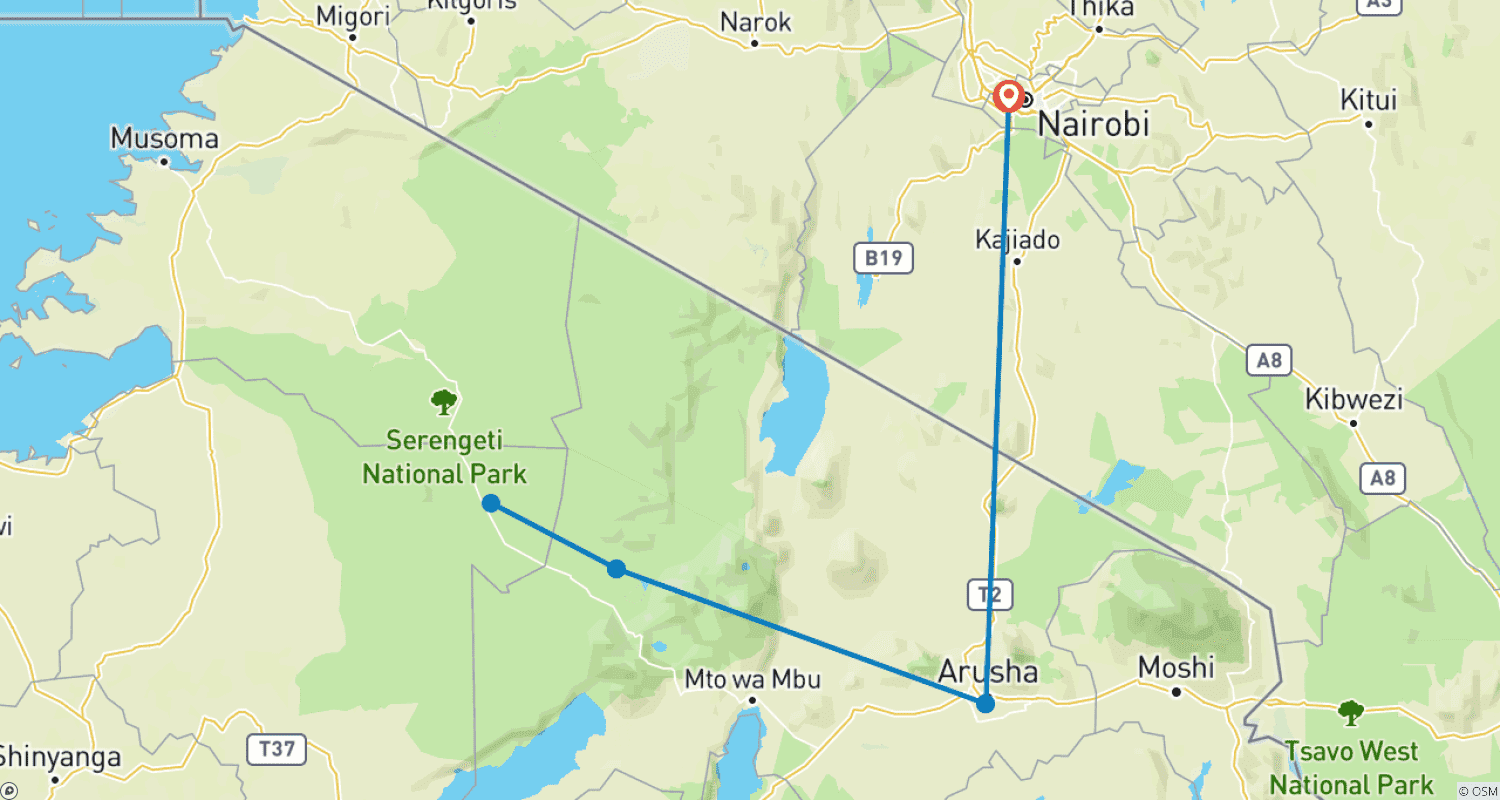 Mapa do percurso de Serengeti e Cratera de Ngorongoro