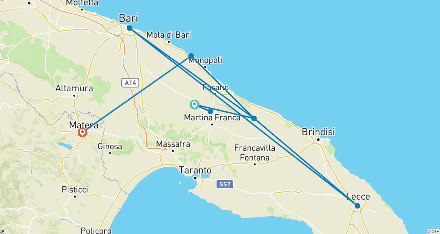 Mapa trasy: Wędrówki po Apulii i Materze