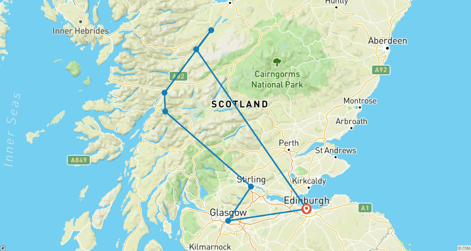 خريطة مسار قلعة Eilean Donan وLoch Ness وجسر Glenfinnan - الانطلاق من Edinburgh