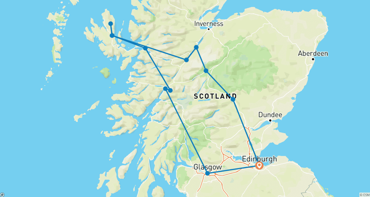 Mapa do percurso de Skye, as Terras Altas e o Lago Ness - saindo de Edimburgo