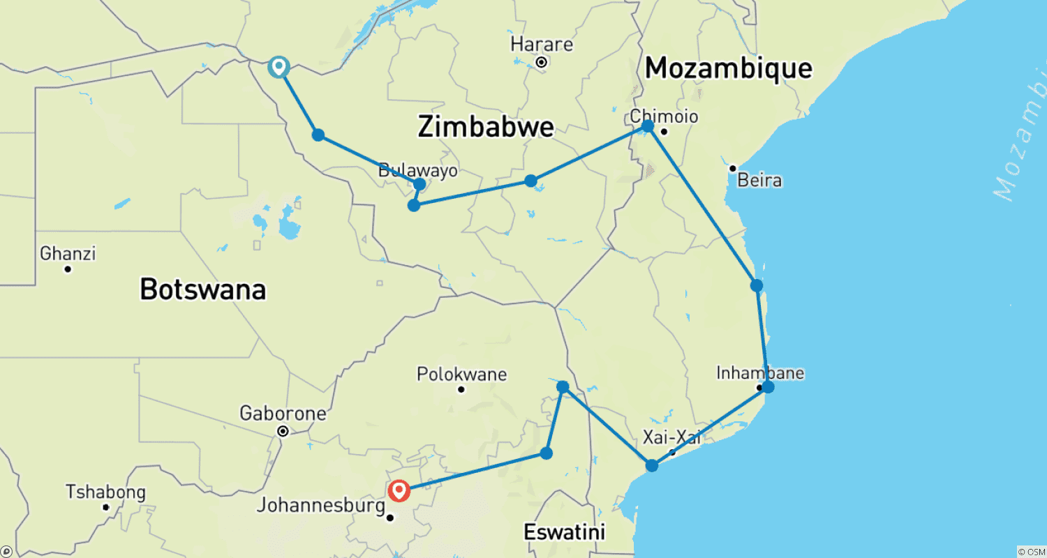 Mapa trasy: 14-dniowa Wyprawa po Zimbabwe i Mozambiku (Kemping)