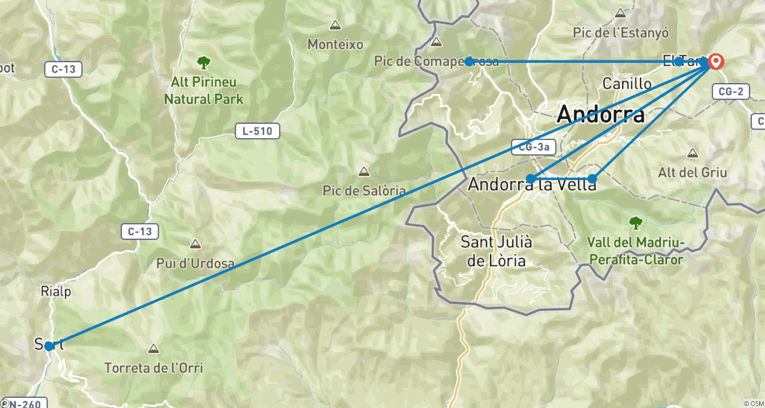 Mapa do percurso de Andorra: Caminhada, Ciclismo e Rafting