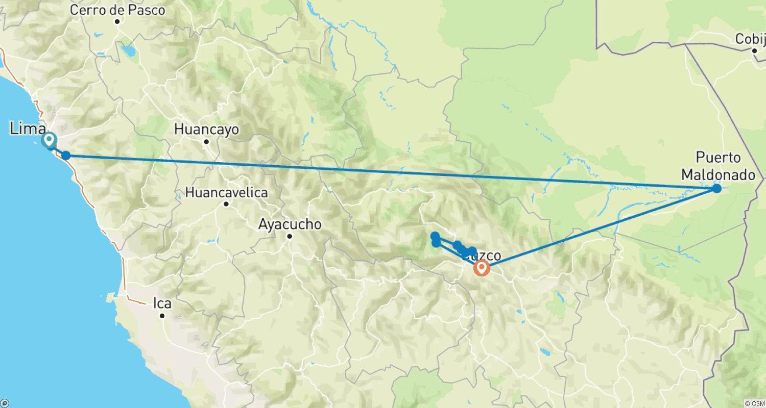 Mapa do percurso de Férias em Família no Peru
