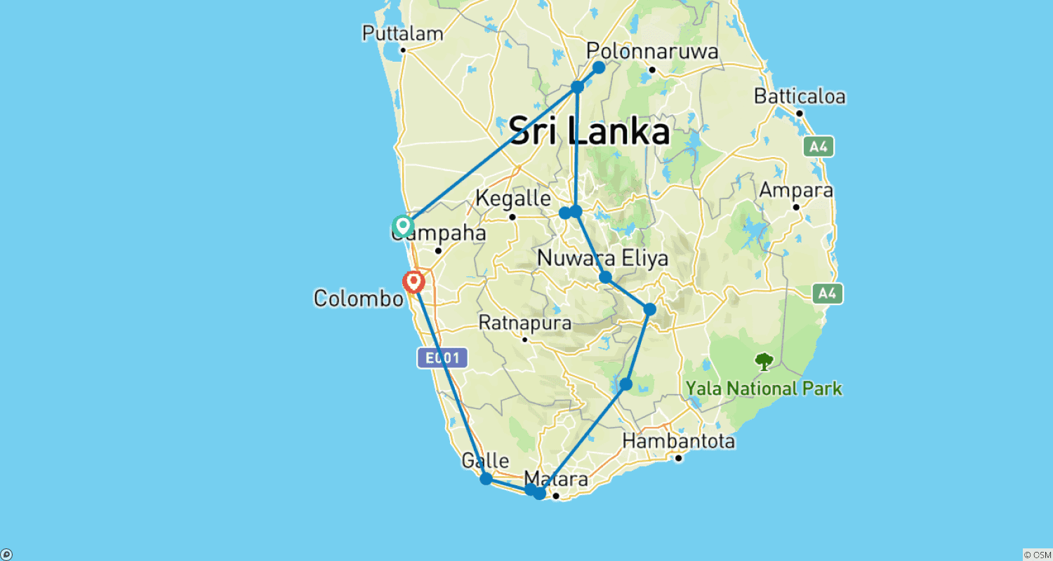 Mapa do percurso de Férias em Família no Sri Lanka