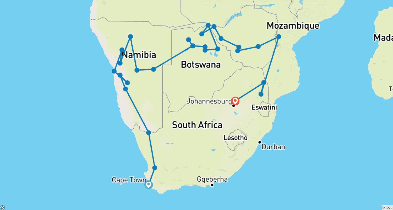 Mapa trasy: 33-dniowa podróż z Kapsztadu do Wodospadów Wiktorii i Mozambiku (Kemping)