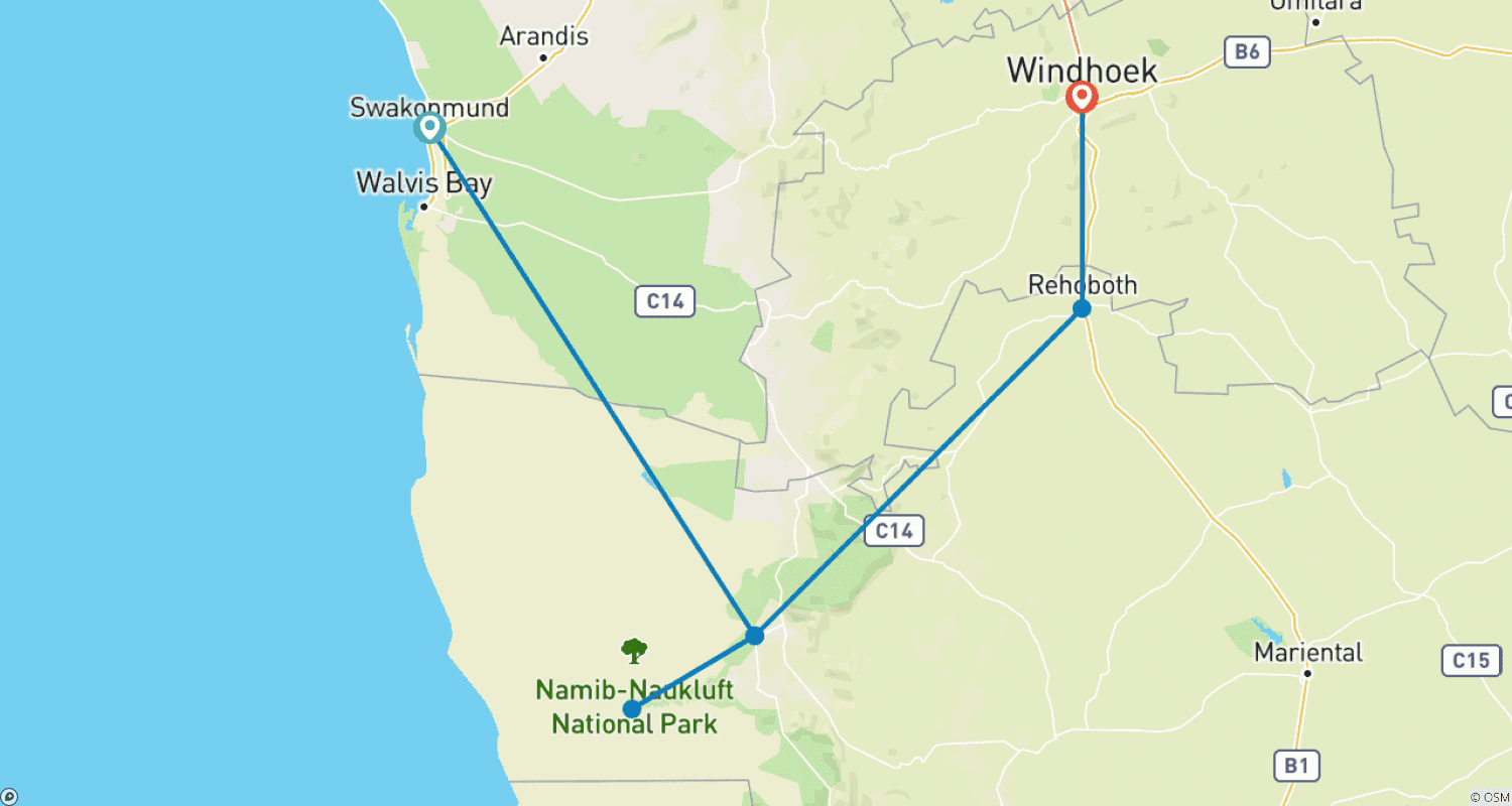 Mapa do percurso de Safári Alojado Expresso de Sossusvlei de 3 Dias