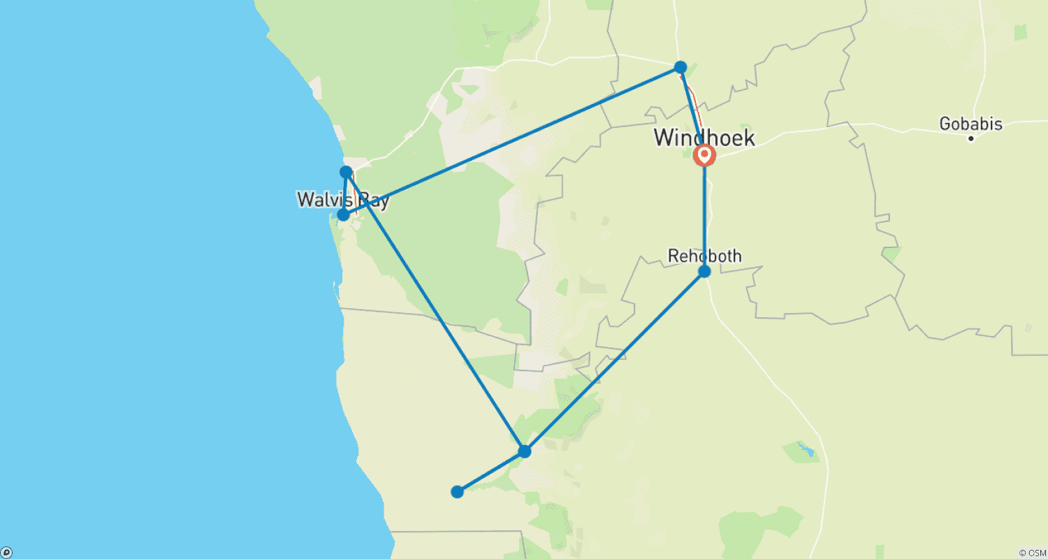 Mapa do percurso de Aventura Alojada de 4 Dias em Swakopmund e Sossusvlei