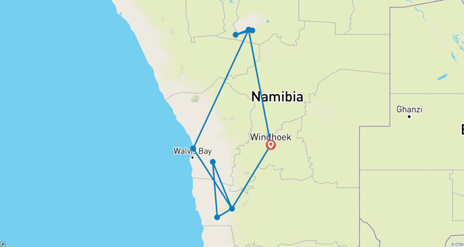Mapa do percurso de Safari de 6 Dias: Dunas e Vida Selvagem com Alojamento
