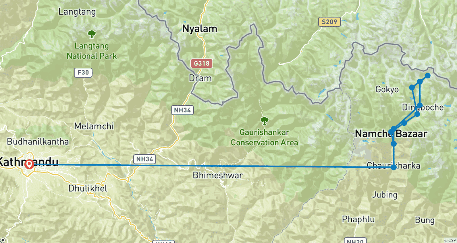 Mapa do percurso de Caminhada ao Acampamento Base do Everest
