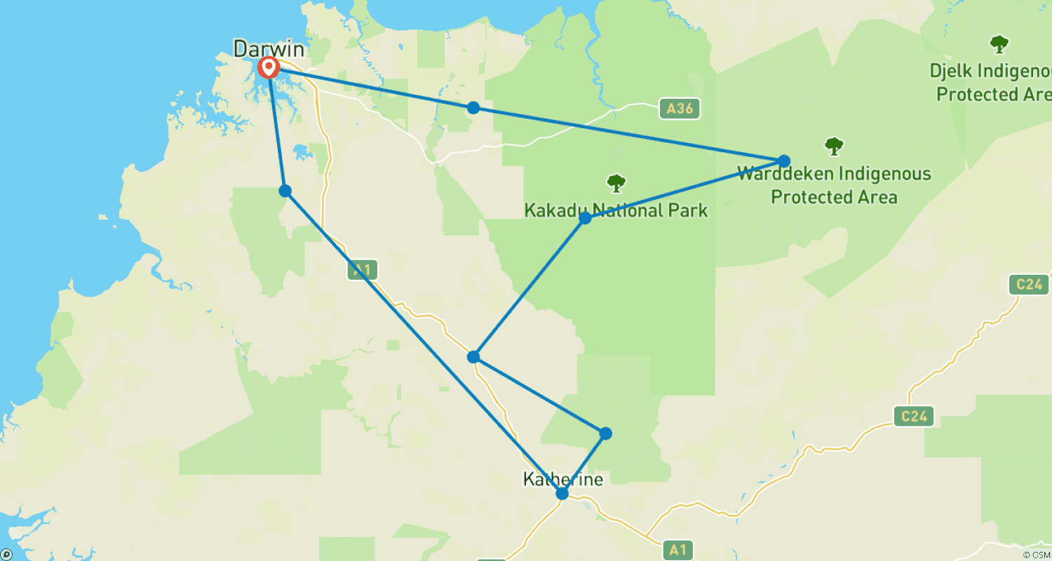 Mapa do percurso de Excursão a Kakadu com Arnhem Land, Katherine e Litchfield