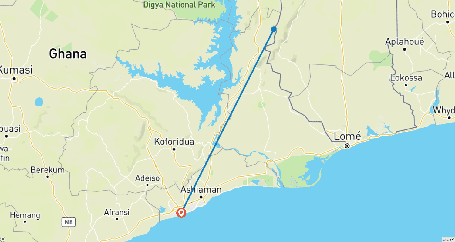 Mapa do percurso de Excursão às Cataratas Wli e ao Santuário de Macacos Tafi Atome