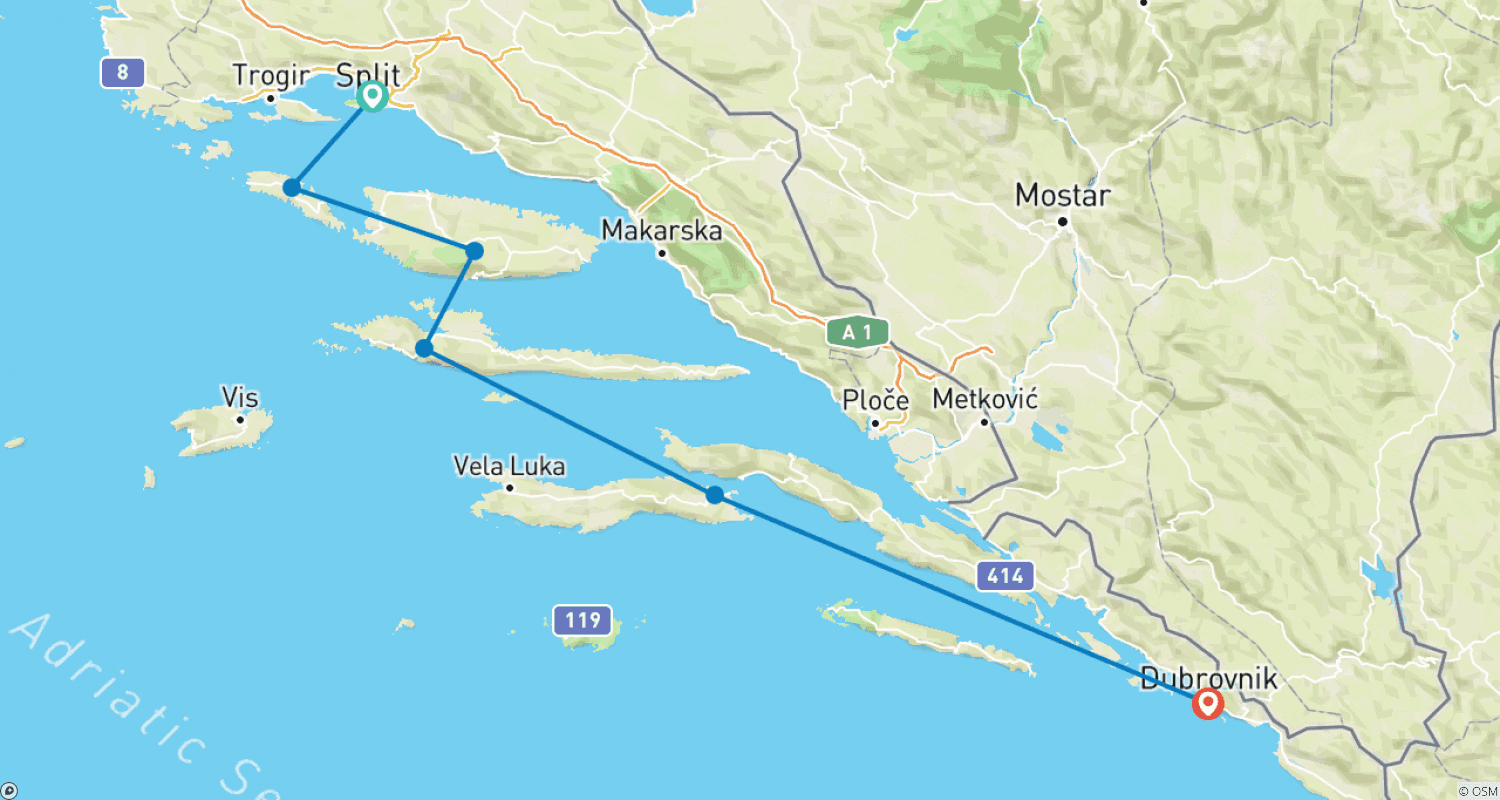 Mapa do percurso de A Costa da Dalmácia de Split a Dubrovnik, excursão autoguiada