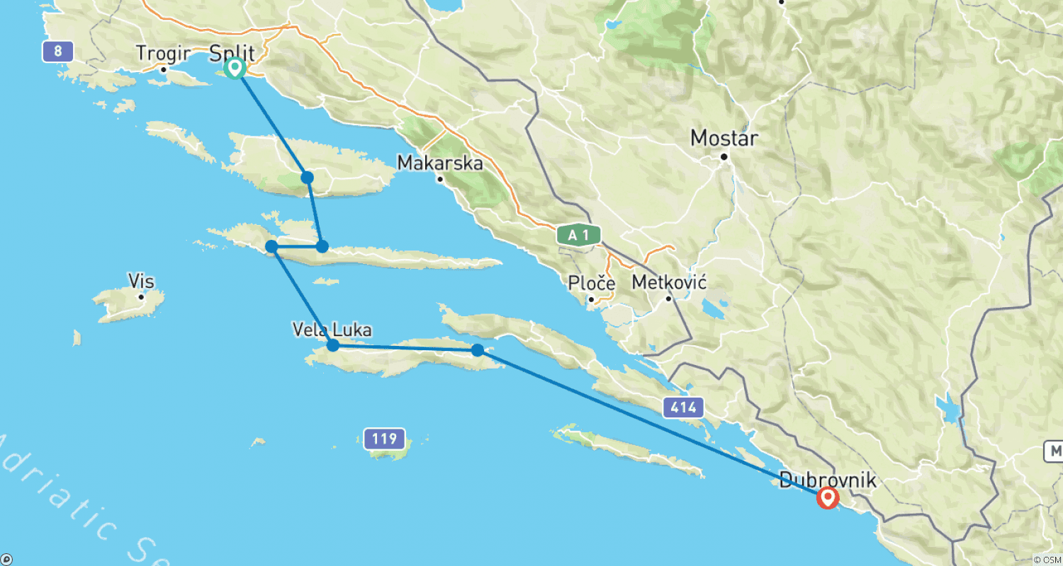 Mapa do percurso de Passeio de Bicicleta Autoguiado de Split a Dubrovnik
