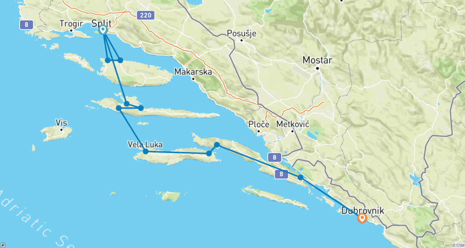Mapa do percurso de O Clássico da Costa Dálmata - Tour de Bicicleta Guiado pela Croácia