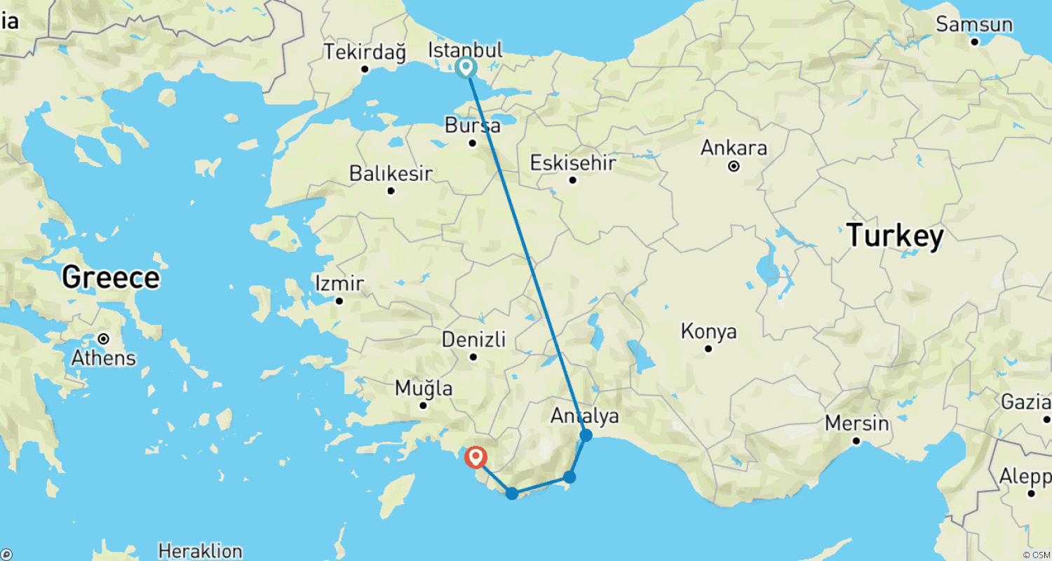 Mapa do percurso de Cruzeiro de Gulet de Istambul ao Mediterrâneo em 5 Dias
