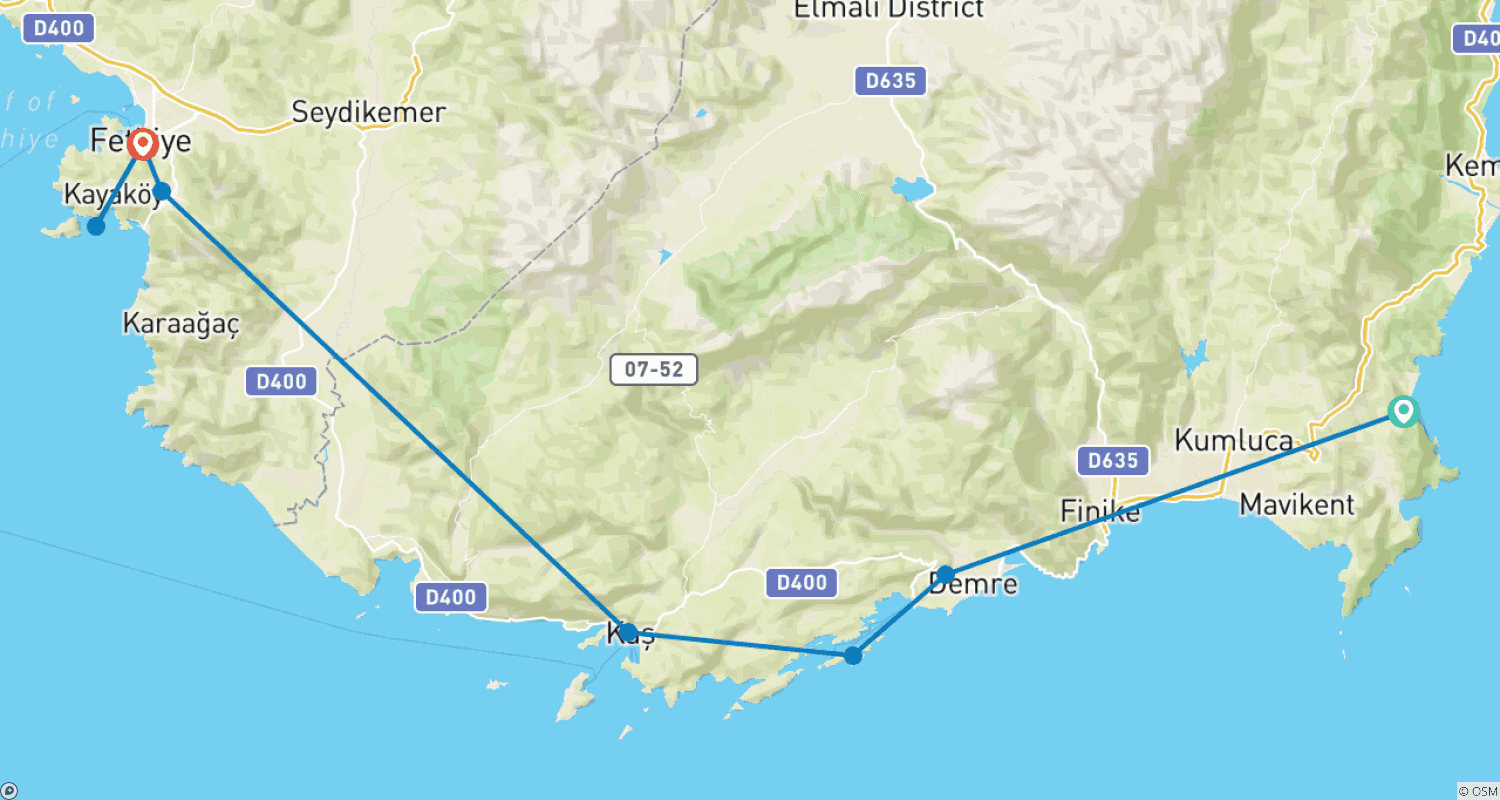 Mapa do percurso de Cruzeiro de 4 dias/3 noites de Olympos a Fethiye