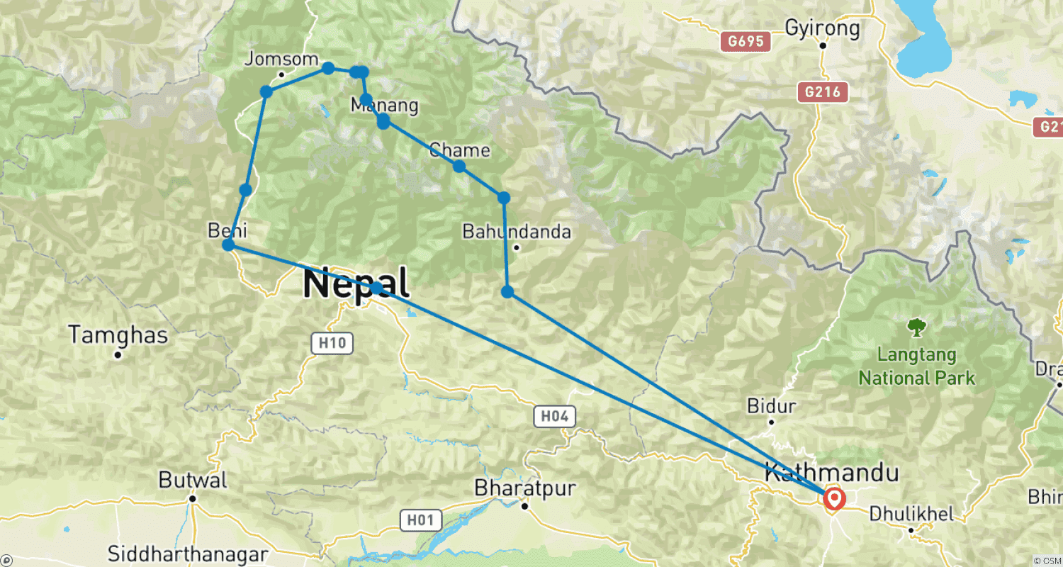 Mapa do percurso de Ciclismo no Circuito de Annapurna