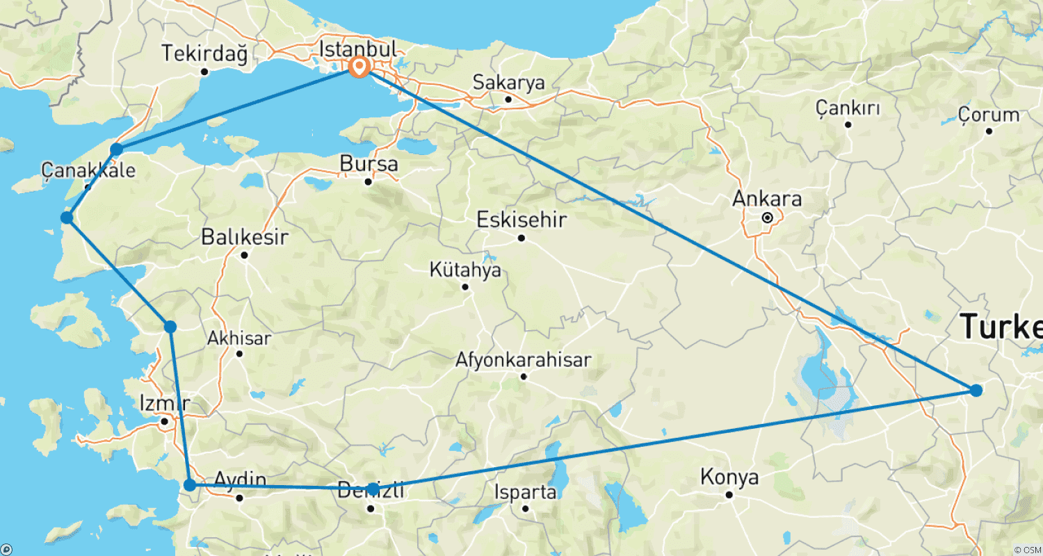 Mapa trasy: Z przelotami - Stambuł Gallipoli Efez Pamukkale Kapadocja - 10 dni