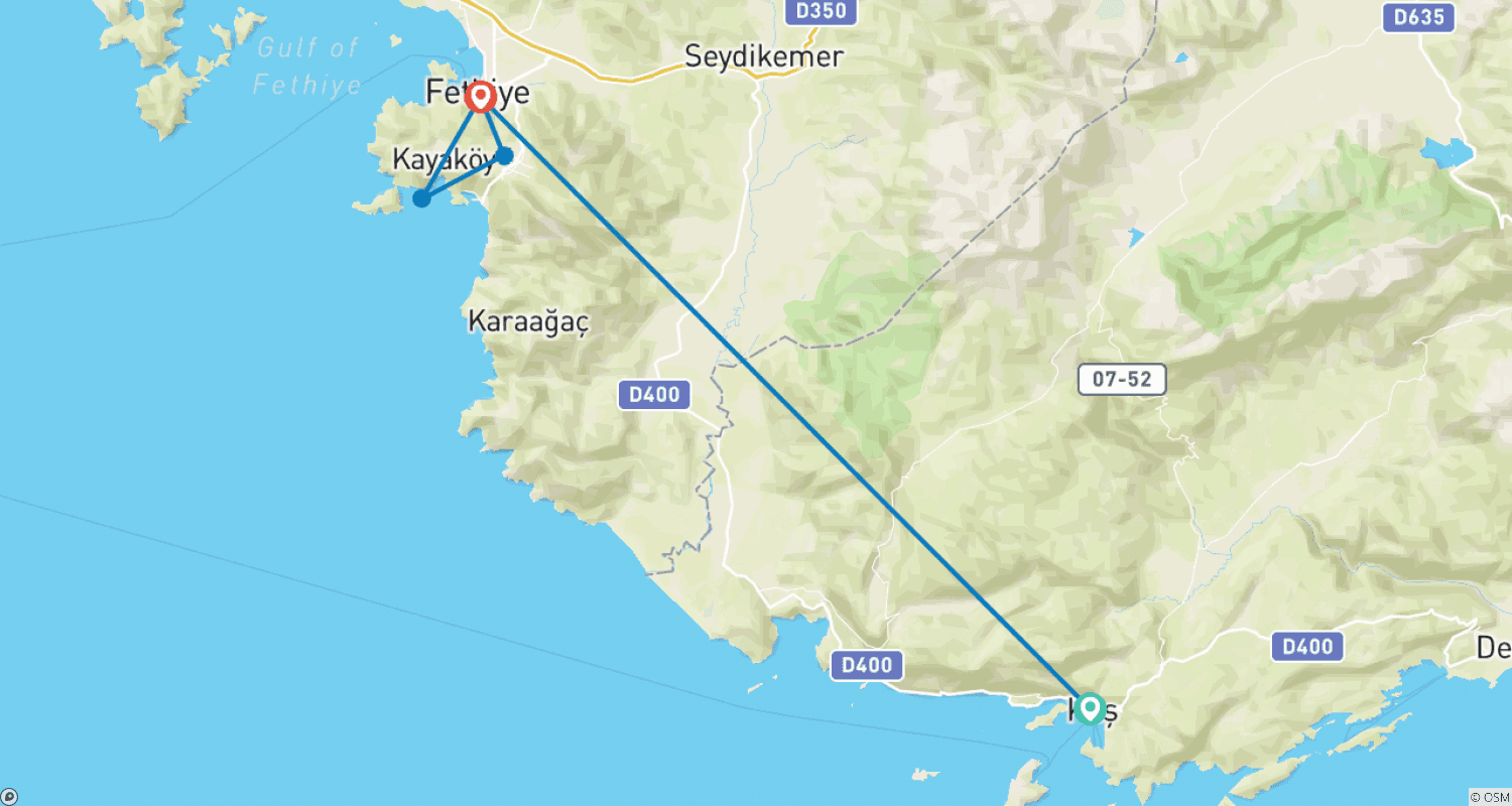 خريطة مسار رحلة بحرية من Kas إلى Fethiye لمدة 3 أيام/ليلتين