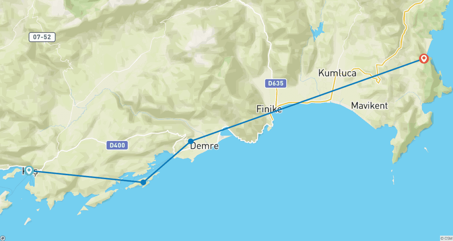 خريطة مسار رحلة بحرية من Kas إلى Olympos لمدة 3 أيام/ليلتين