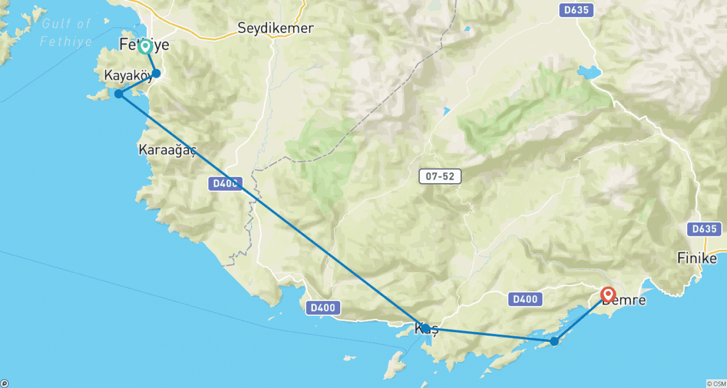 Mapa do percurso de Cruzeiro de Fethiye a Demre: 3 dias/2 noites