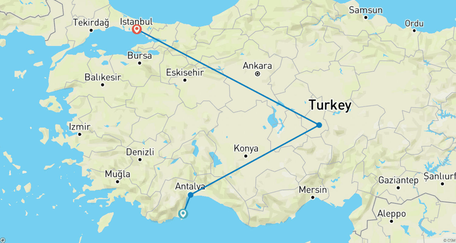 Mapa do percurso de Excursão de 3 Dias de Olympos à Capadócia
