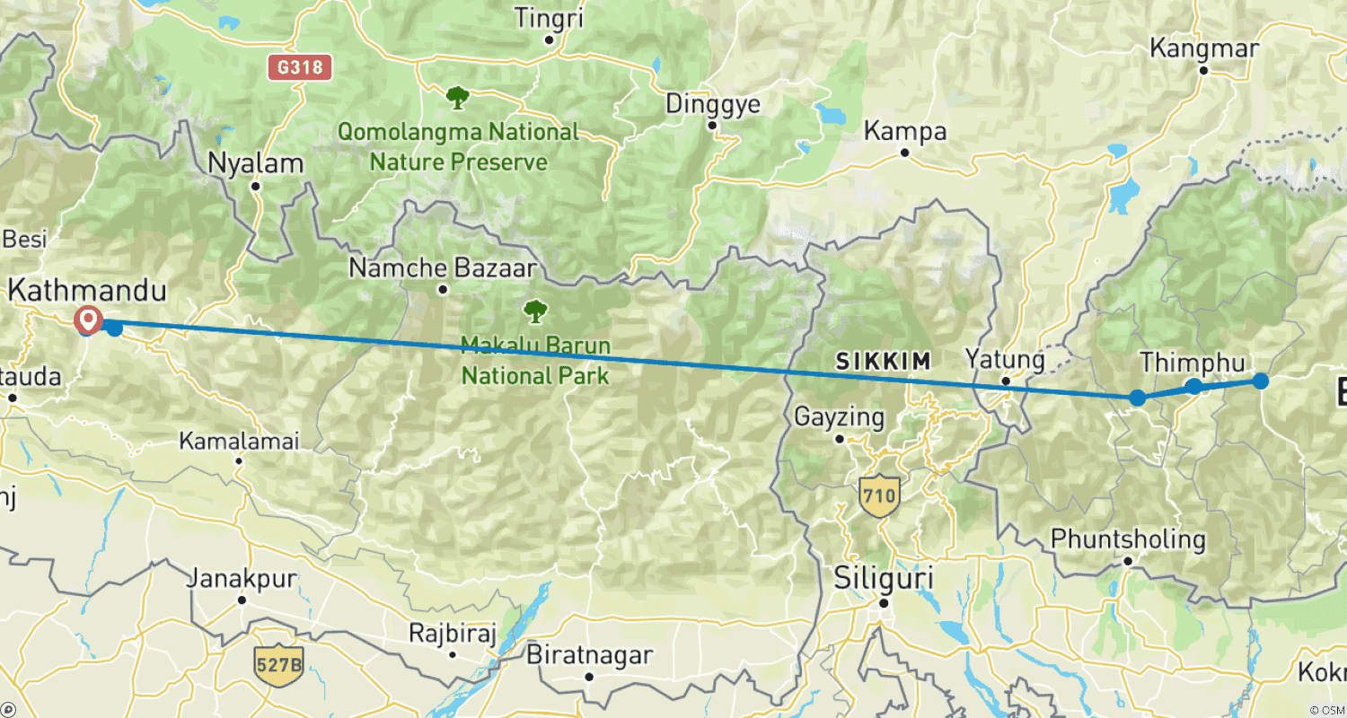 Mapa do percurso de Tour Nepal e Butão
